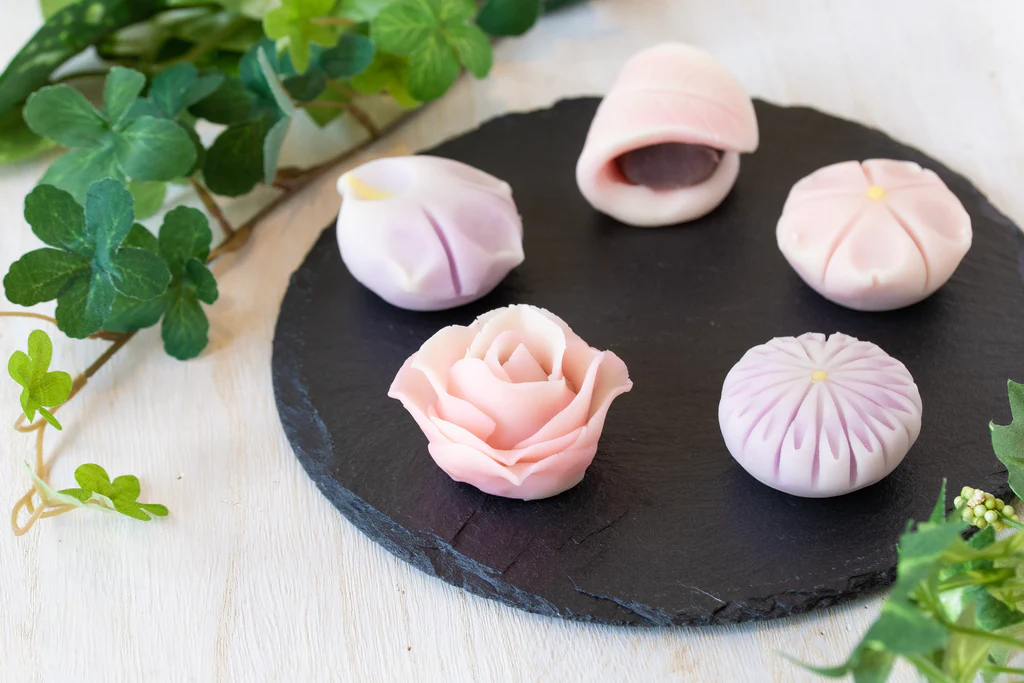 Beautiful nerikiri wagashi on slate board